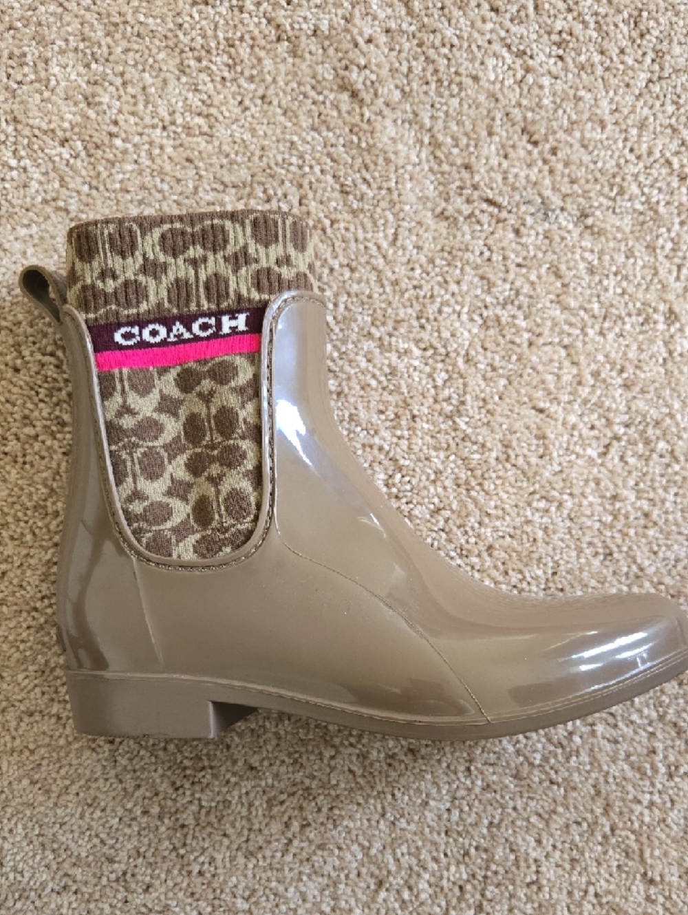 Coach Taupe Glossy Rain Ankle Boots with Pink Stripe - Picture 2 of 6